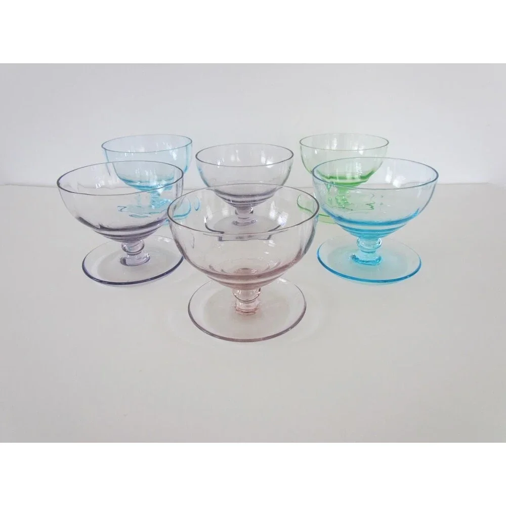 Art Deco Glass Sundae Set: Vintage Footed Dessert Bowls, Colorful Fused Glass